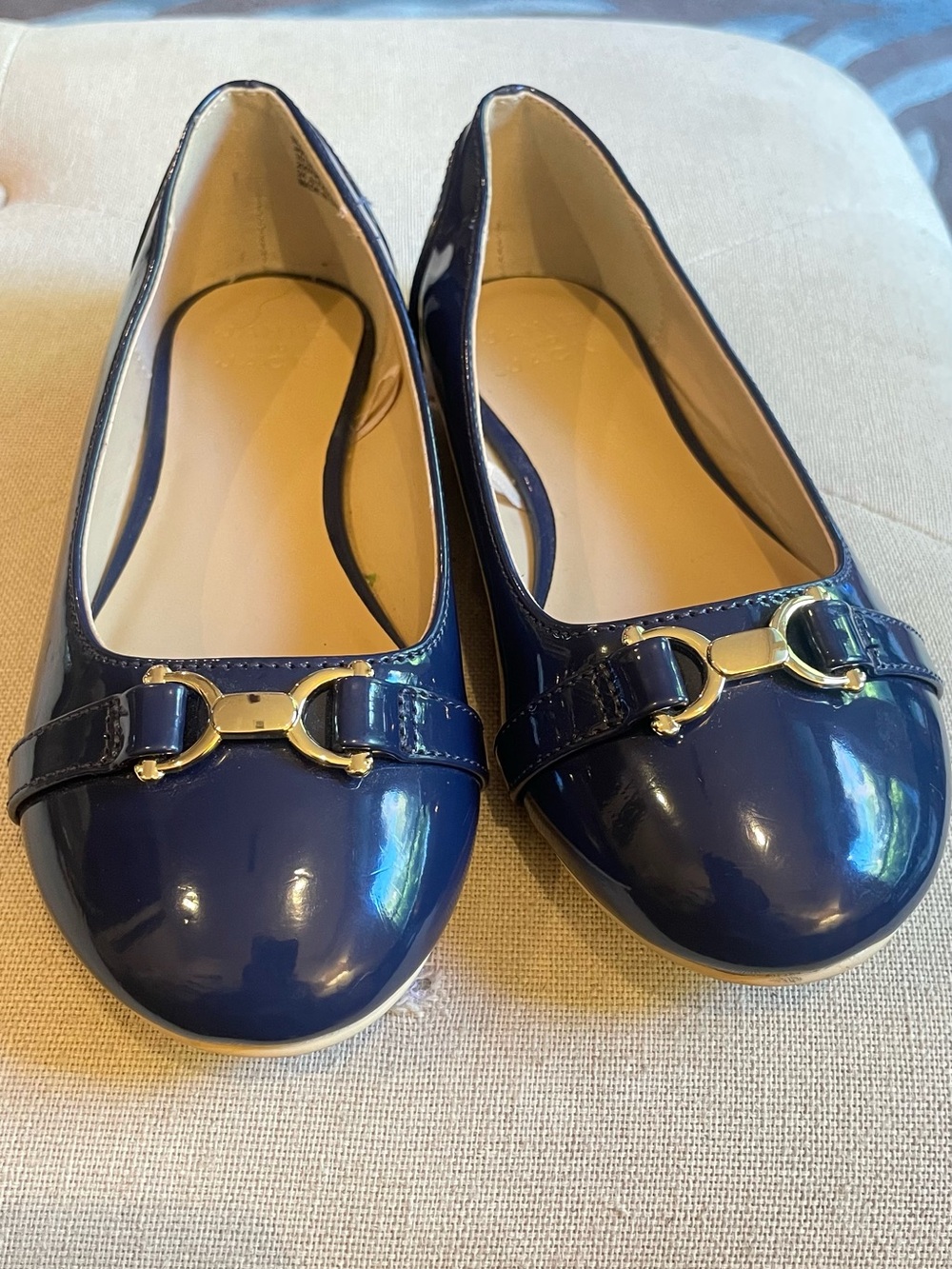 Janie and Jack Navy Patent Leather Ballet Flats with Gold Bit Detail Size 13 Gir